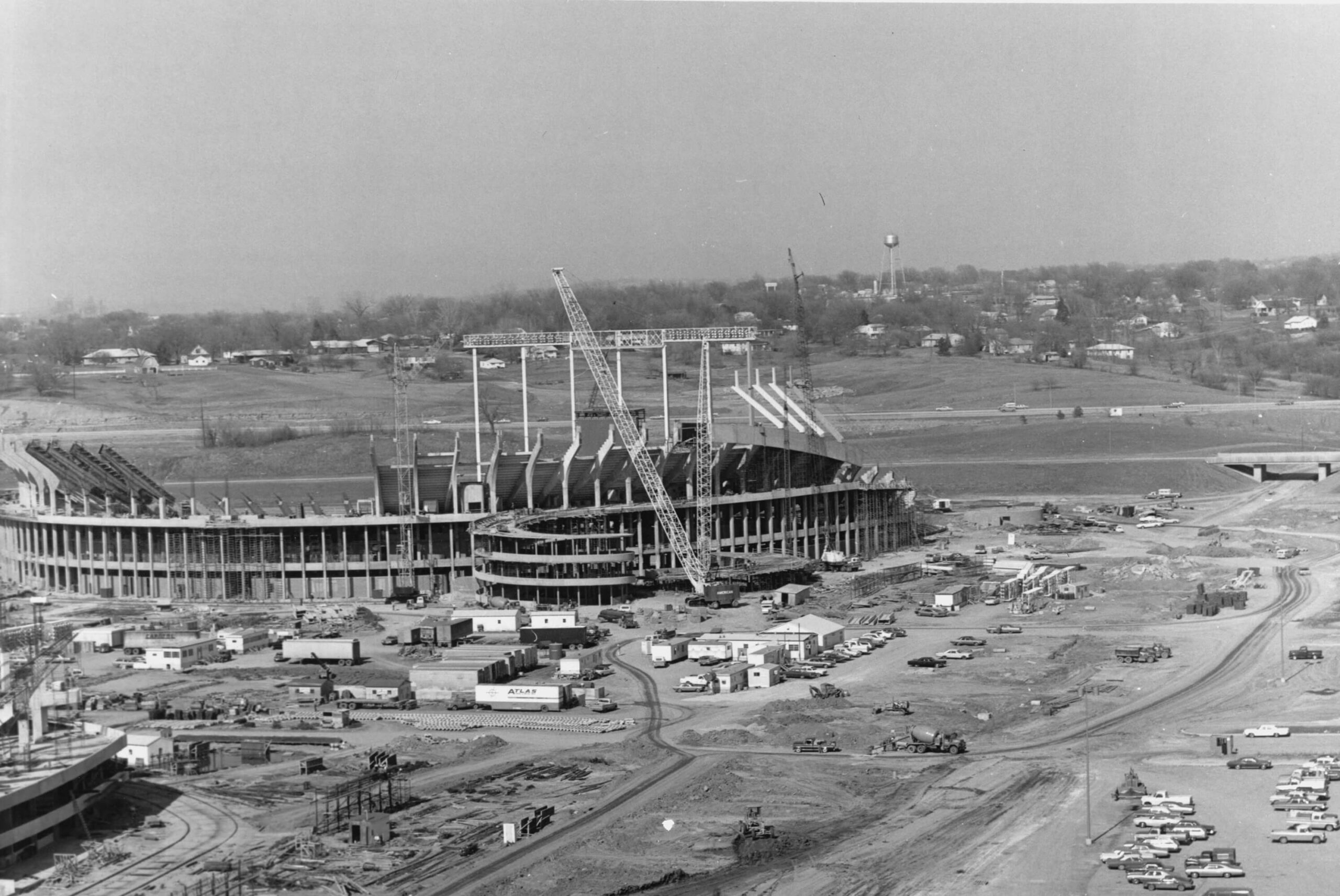 Aerial view of Kauffman Center and Kansas City skyline.