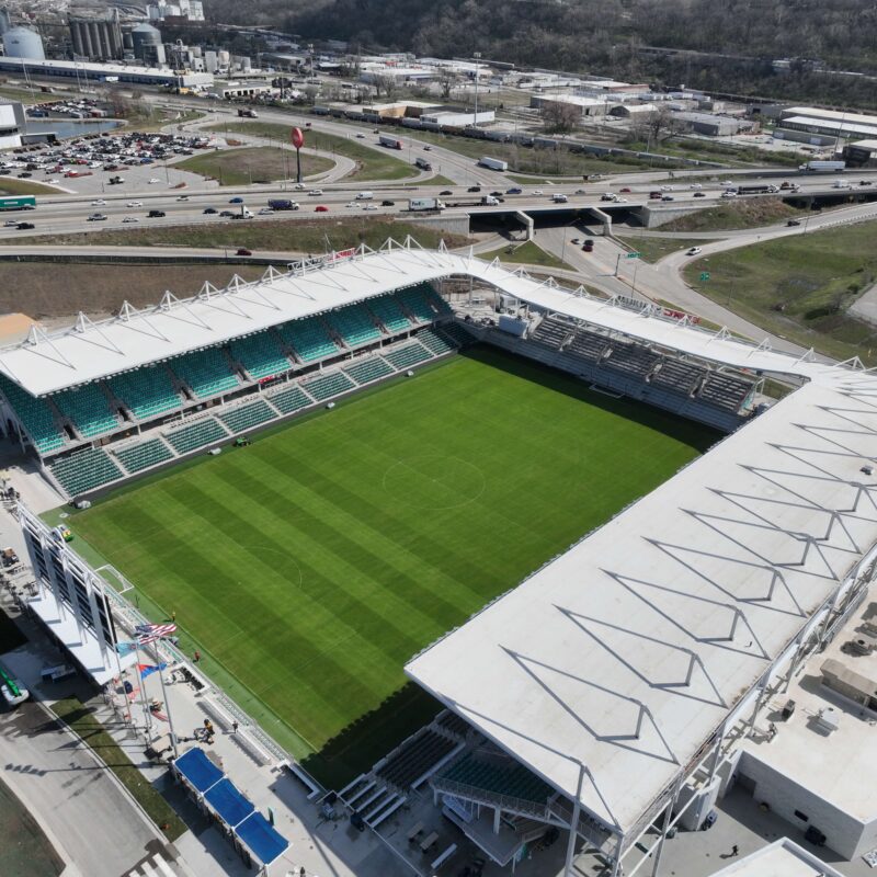 Aerial view of modern soccer stadium with empty seats.