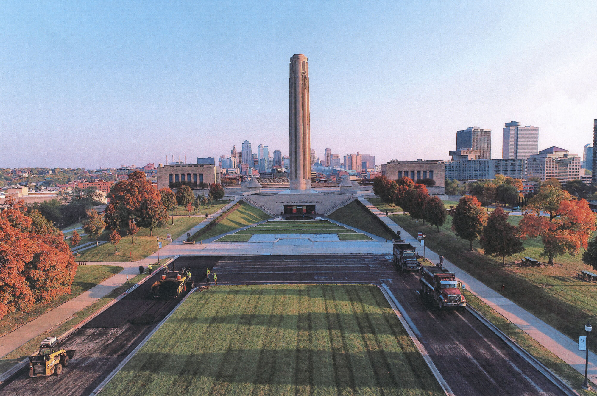 Aerial view of Kauffman Center and Kansas City skyline.