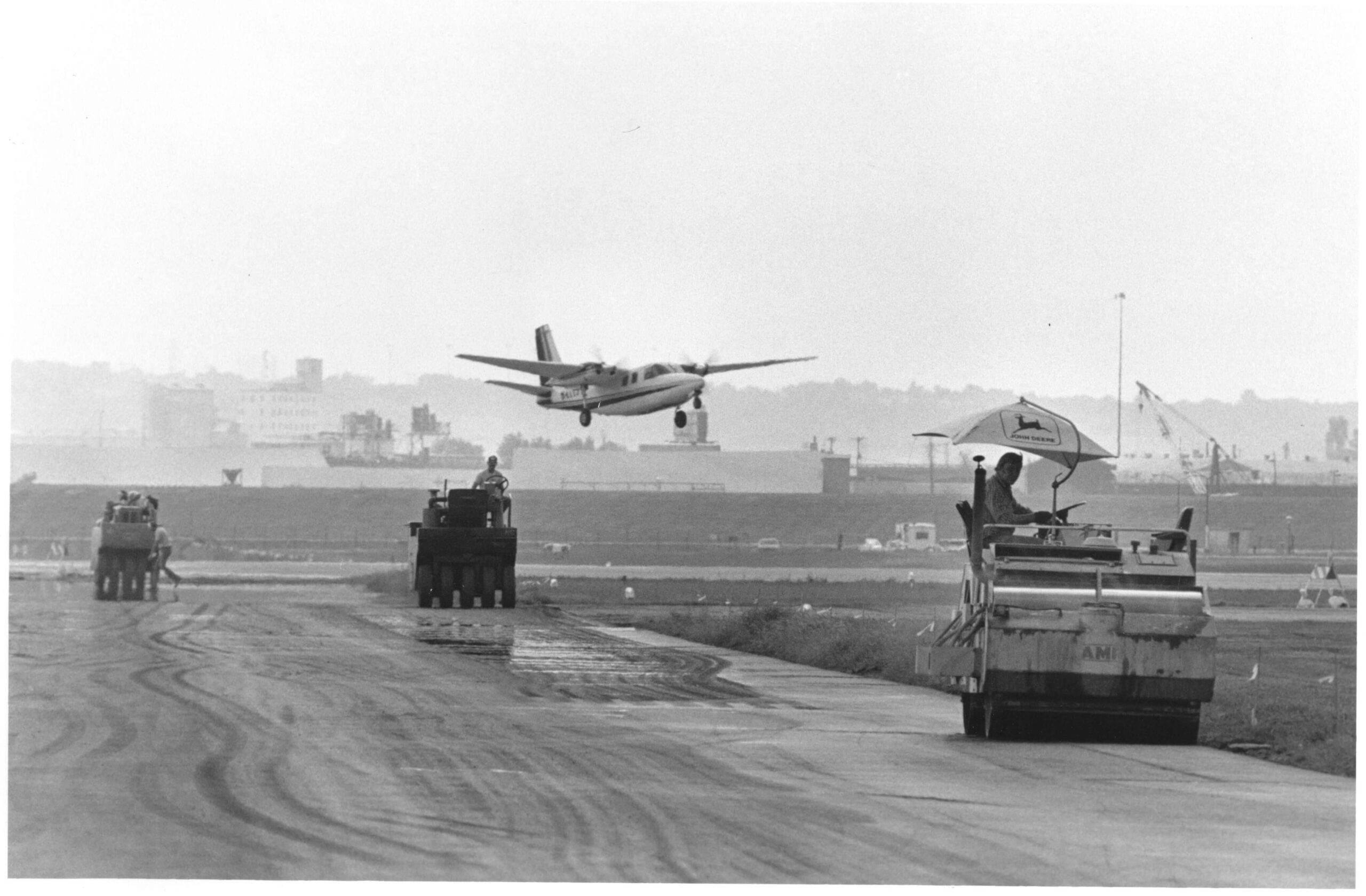Aerial view of Kauffman Center and Kansas City skyline.