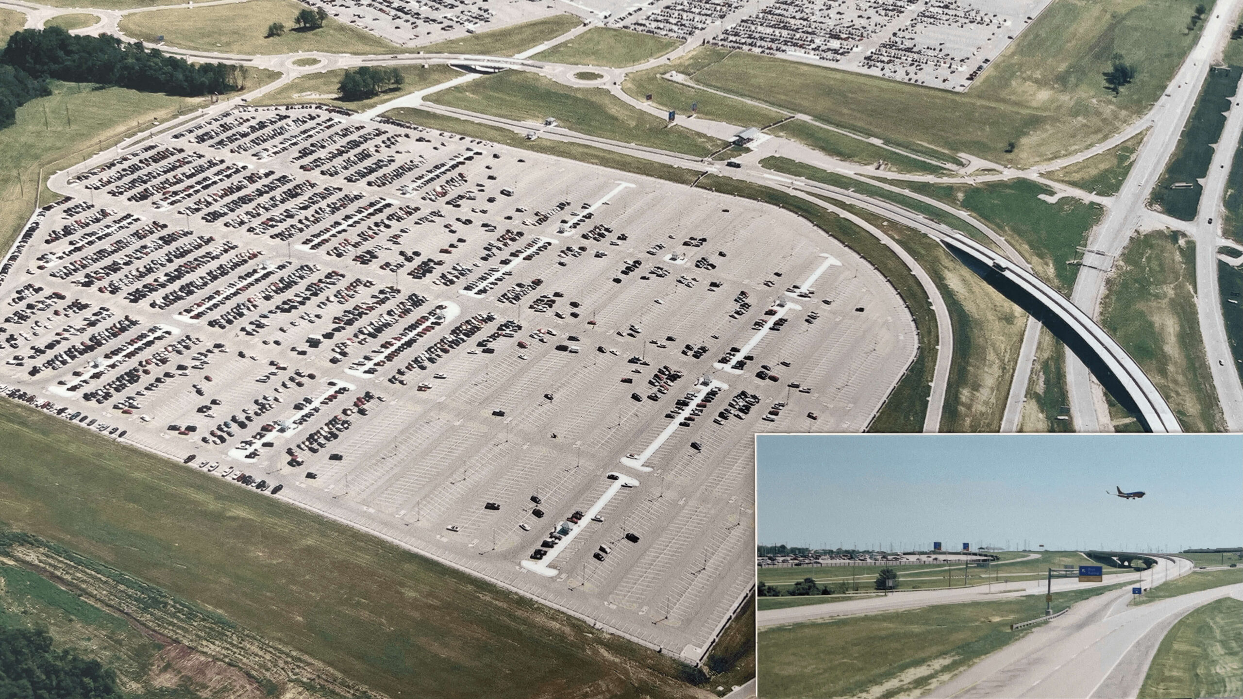 Aerial view of Kauffman Center and Kansas City skyline.