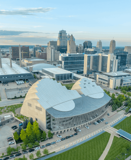 Aerial view of Kauffman Center and Kansas City skyline.