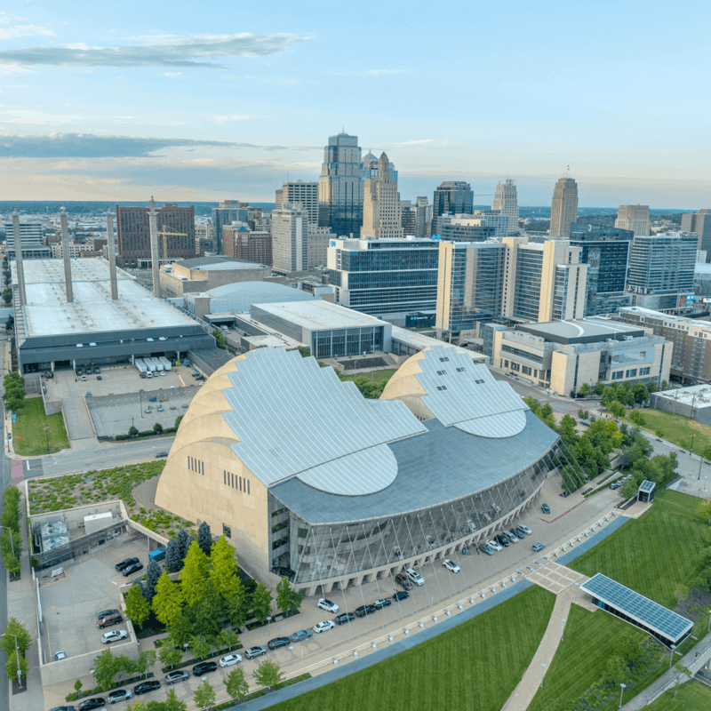 Aerial view of Kauffman Center and Kansas City skyline.