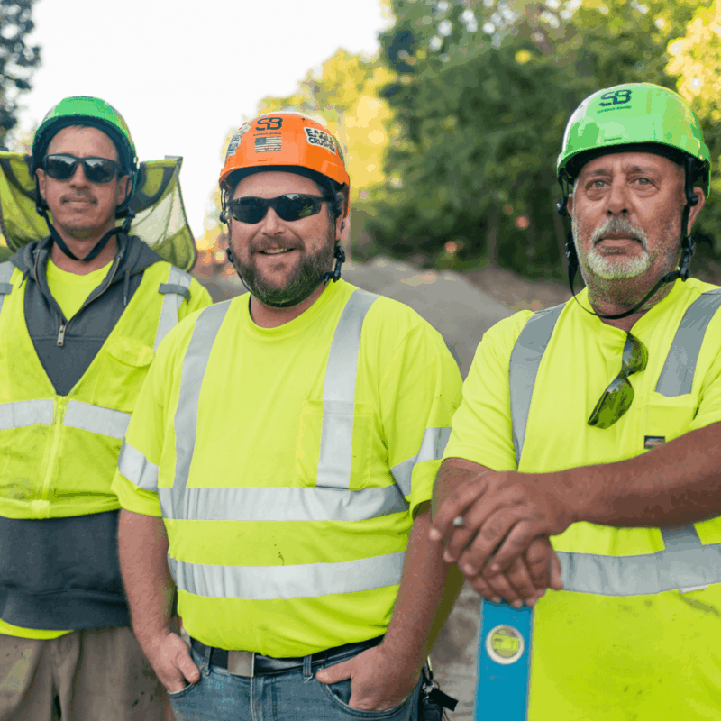 Three construction workers in safety gear stand outside by trees.